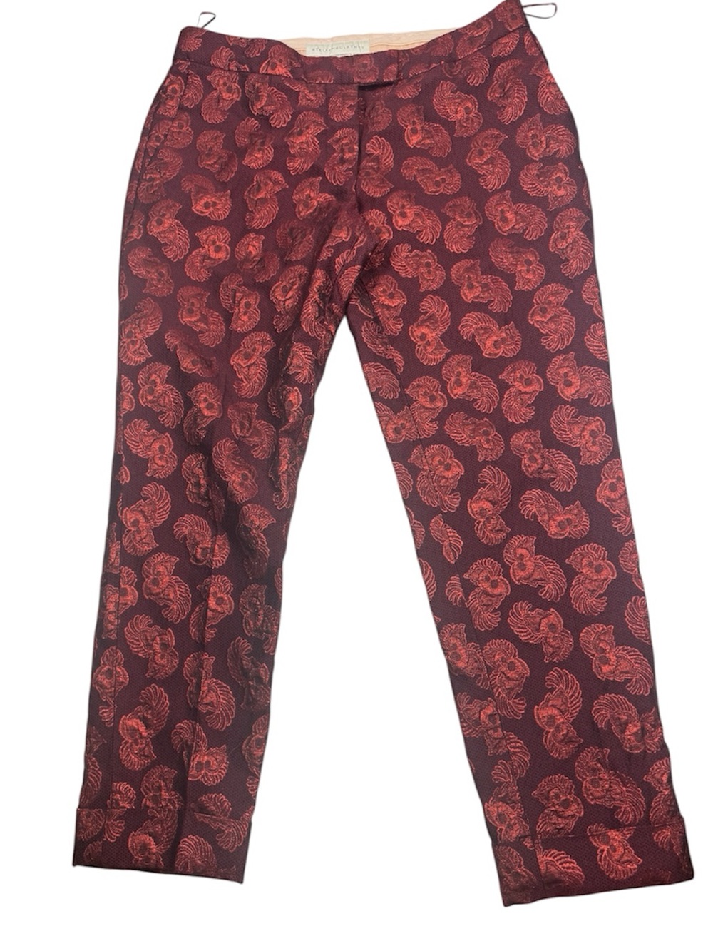 Stella McCartney Burgundy Metallic Jacquard Cropped Pants EU 42 Wool Silk Brocad